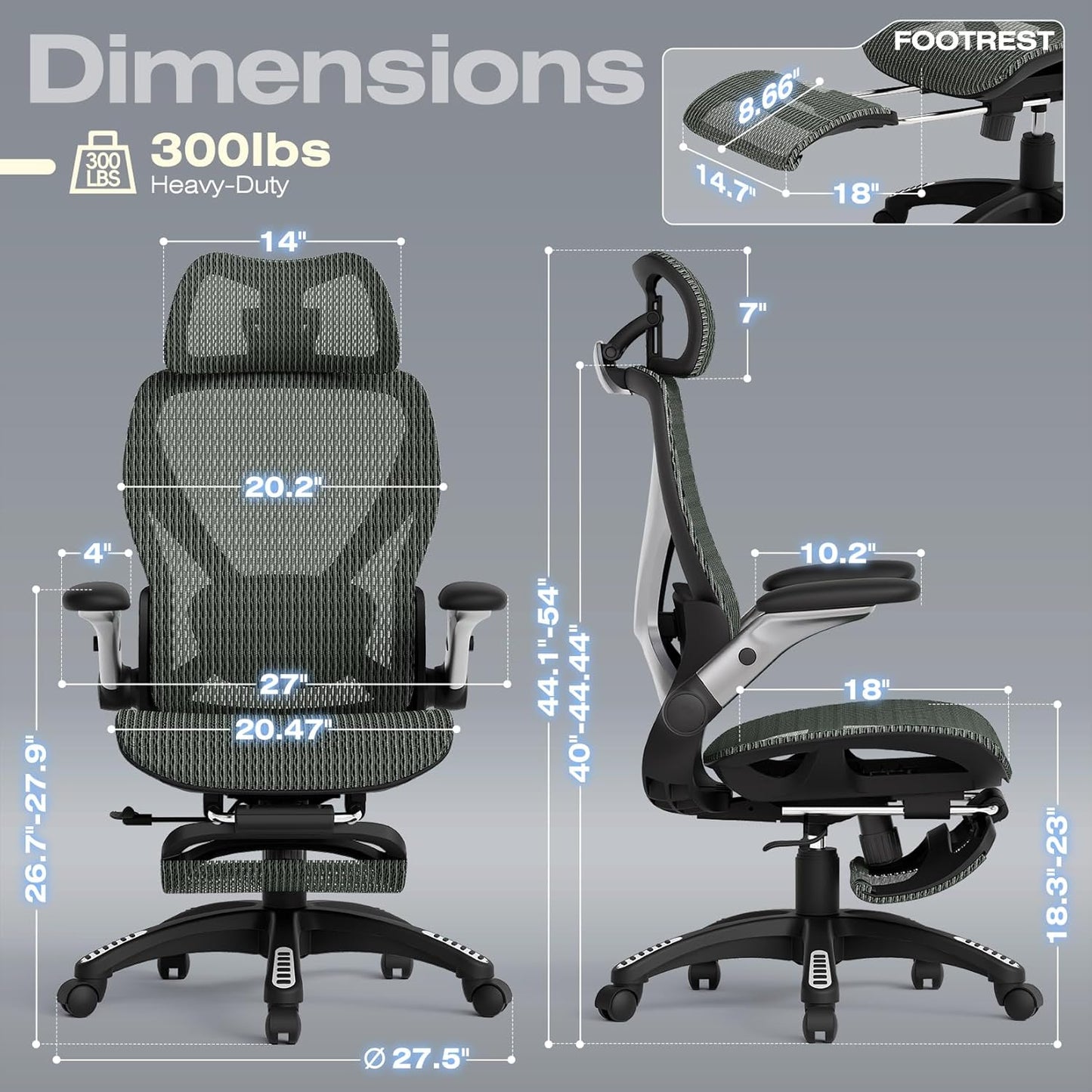 ELABEST X100 Ergonomic Office Chair with Footrest, Big and Tall Home Desk Chair with 5D Flip-Up Arms, Adjustable 3D Lumbar Support,High Back Rolling Computer Chair, Swivel Mesh Chairs (Forest Ranger)