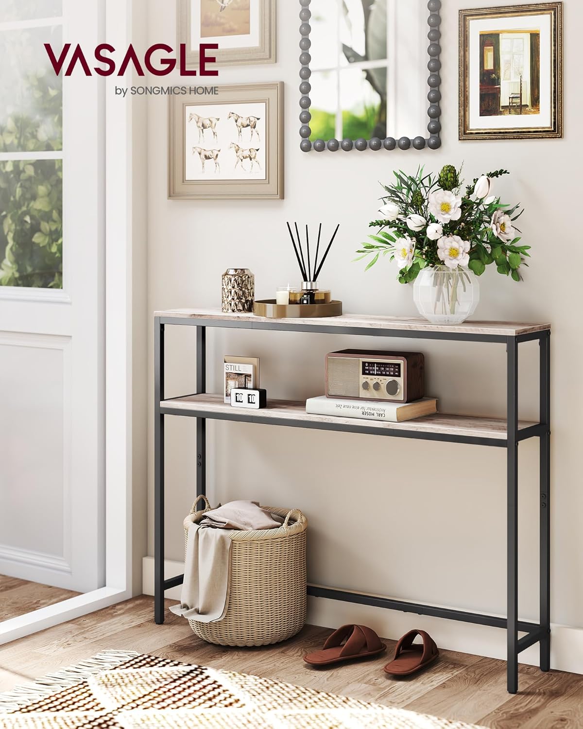 VASAGLE Console Table, 2-Tier Narrow Sofa Table with 2 Shelves, 7.9 x 39.4 x 31.5 Inches, for Living Room, Hallway, Entryway, Heather Greige and Ink Black ULNT131K02V1