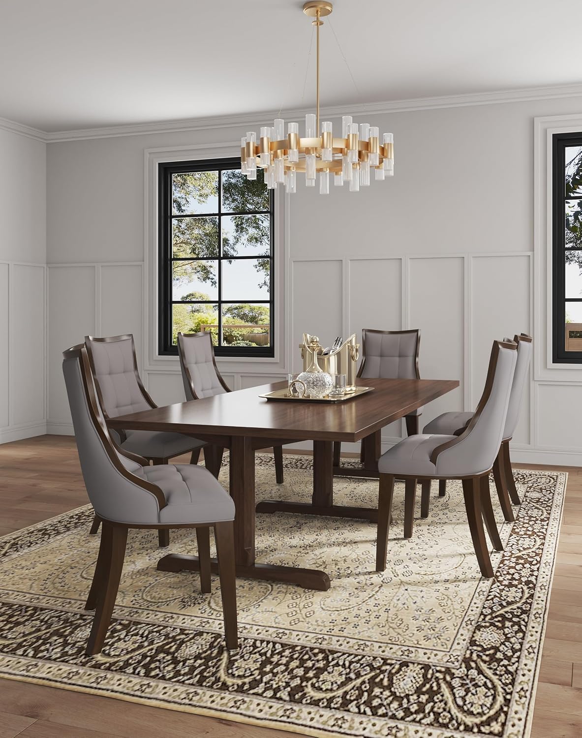 Manhattan Comfort Fifth Avenue Faux Leather Dining Chairs, Parsons Accent Furniture with Padded Wingback Seat, Fine Rectangular Stitching and Solid Beech Wood Frame, Set of 4, Grey