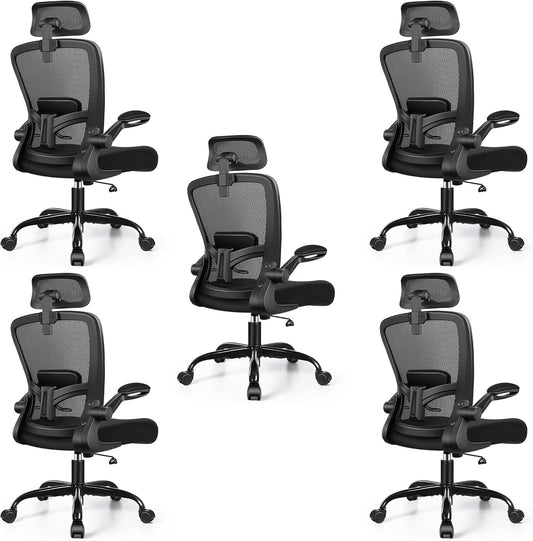 FelixKing Ergonomic Office Chair, Headrest Desk Chair with Adjustable Lumbar Support, Home Office Swivel Task Chair with High Back and Armrest, Adjustable Height Gaming Chair(Black),Pack of 5