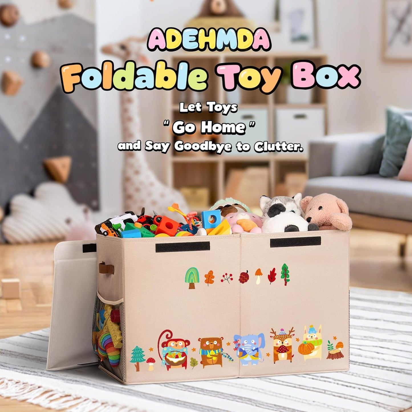 80L Large Toy Storage Box with Lid, Large Toy Box Chest for Kids, Girls and Boys, Nursery Room and Living Room, 26"x13" x16" (Dark Khaki-animal)