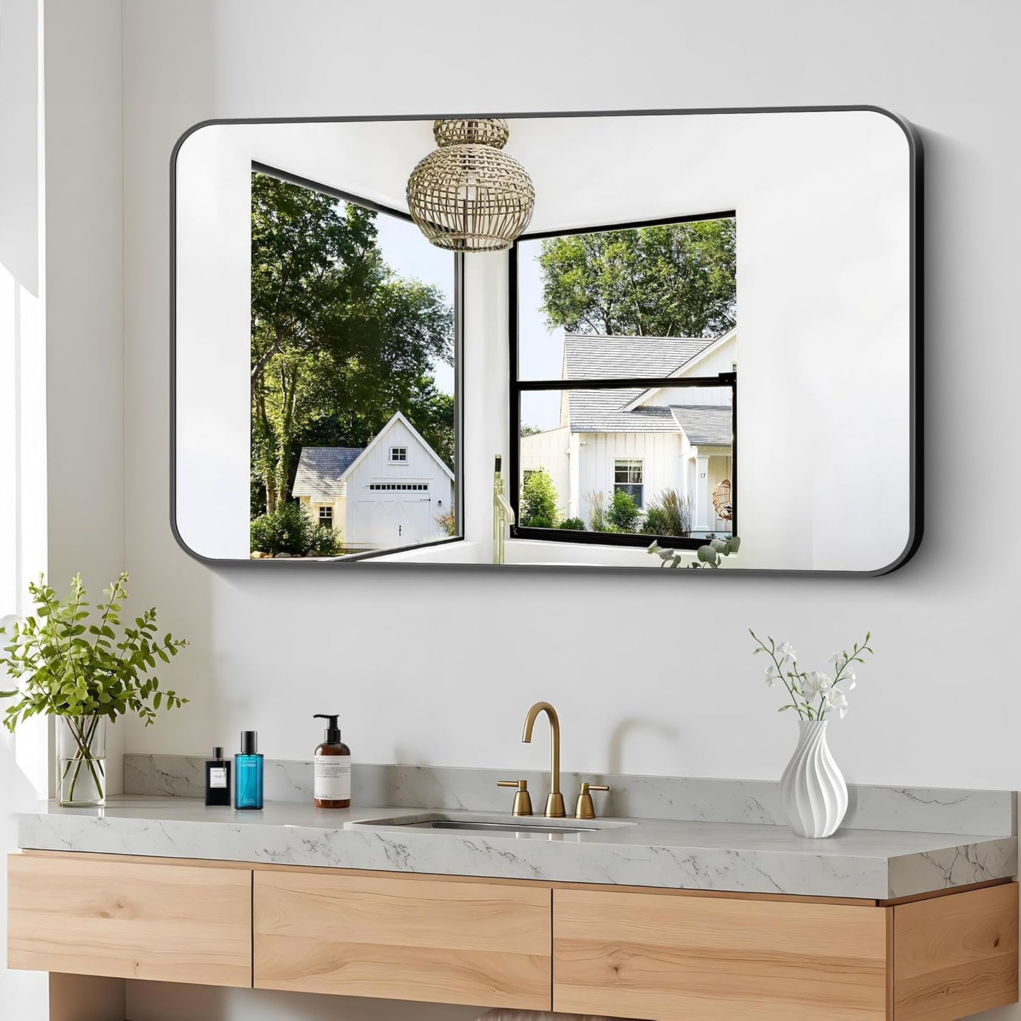 BONEWEI 30x48 inch Bathroom Mirror,Black Rectangle Mirror,Wall Mounted Bathroom Frame Vanity Mirror with Round Corner for Bedroom Living Room, Entryway Hangs Horizontal or Vertical
