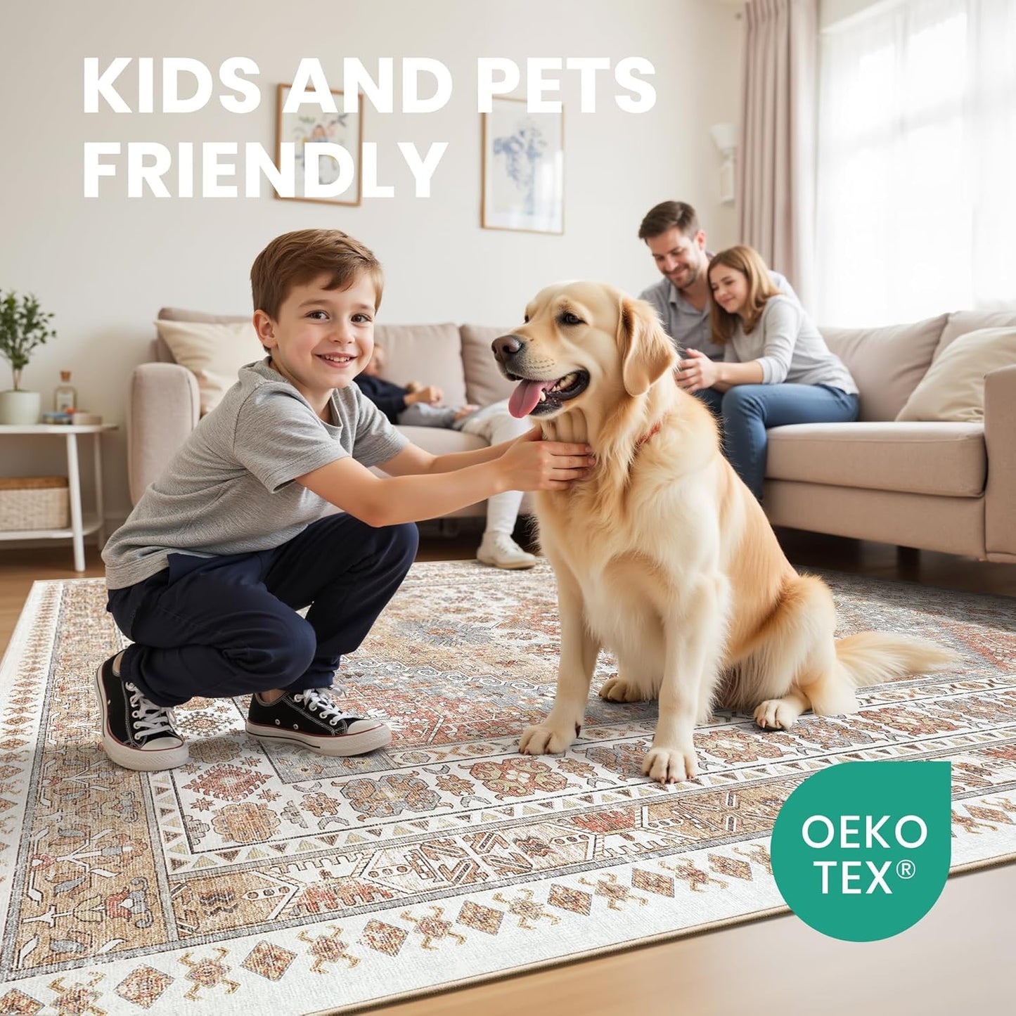 zesthome 7x9 Area Rug, Super Soft Washable Rugs for Living Room, Non-Slip Stain Resistant Vintage Rugs, Ultra-Thin Large Area Rugs (Orange,7'x9')