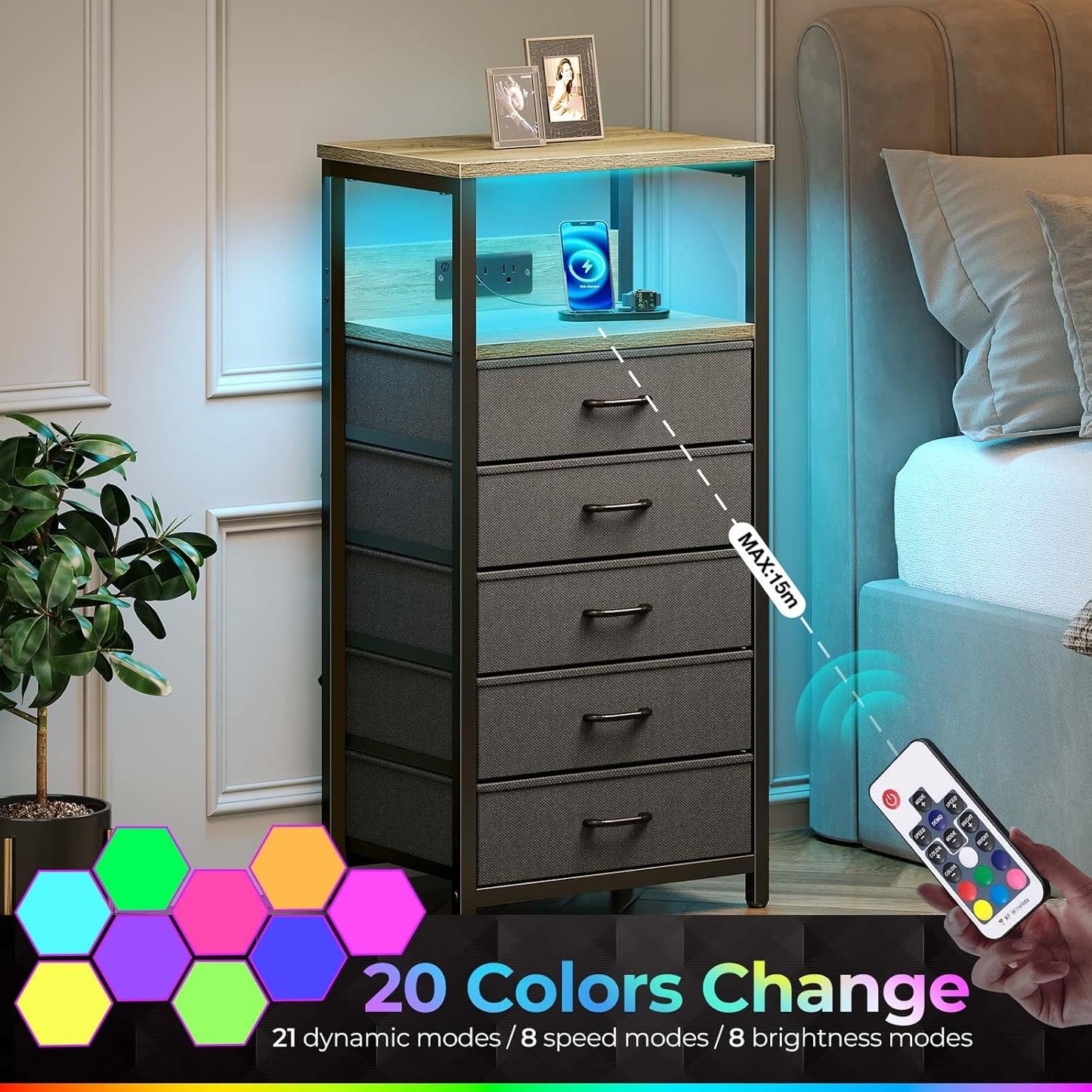 Seventable Night Stand with Charging Station, Tall Nightstand with 5 Fabric Storage Drawers, Side Table with LED Light for Bedroom, Entryway, Greige, Set of 2
