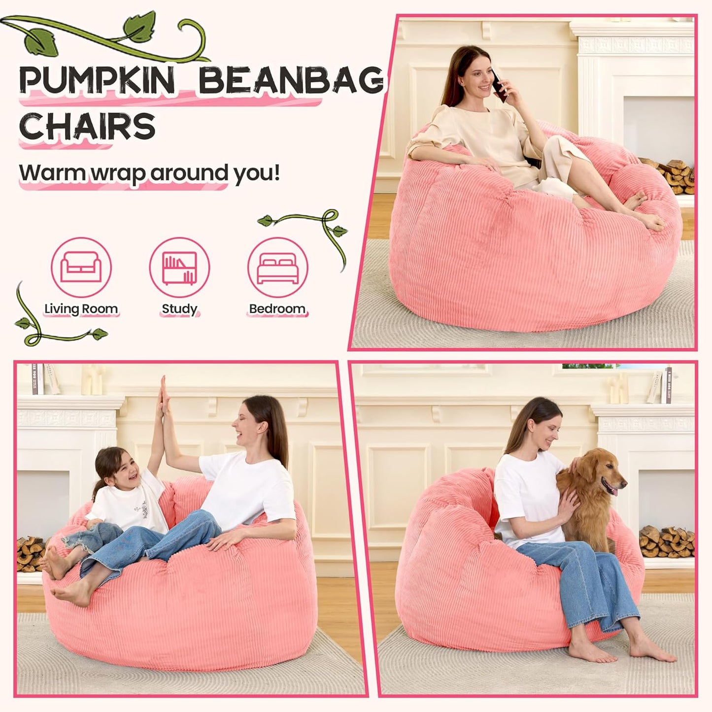 HABUTWAY Giant Bean Bag Chair for Adults/Kids/Teens, Pumpkin Bean Bag Couch Comfy Reading Chair for Bedroom, Corduroy Lazy Sofa Loughe Chair with Wider Seat Depth & Non-Slip Bottom(Pink)