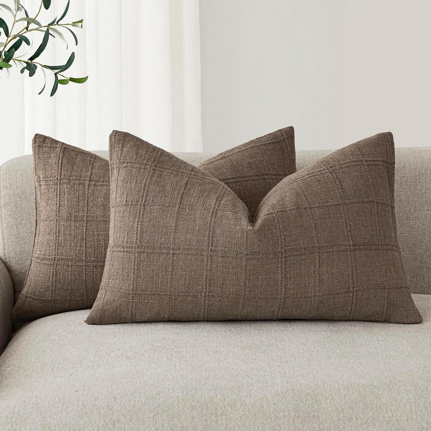 Foindtower Set of 2 Decorative Linen Check Throw Pillow Covers Neutral Farmhouse Lumbar Cushion Covers Modern Boho Home Decor for Sofa Chair Couch Bedroom Living Room Outdoor,12×20 Inch,Taupe Grey
