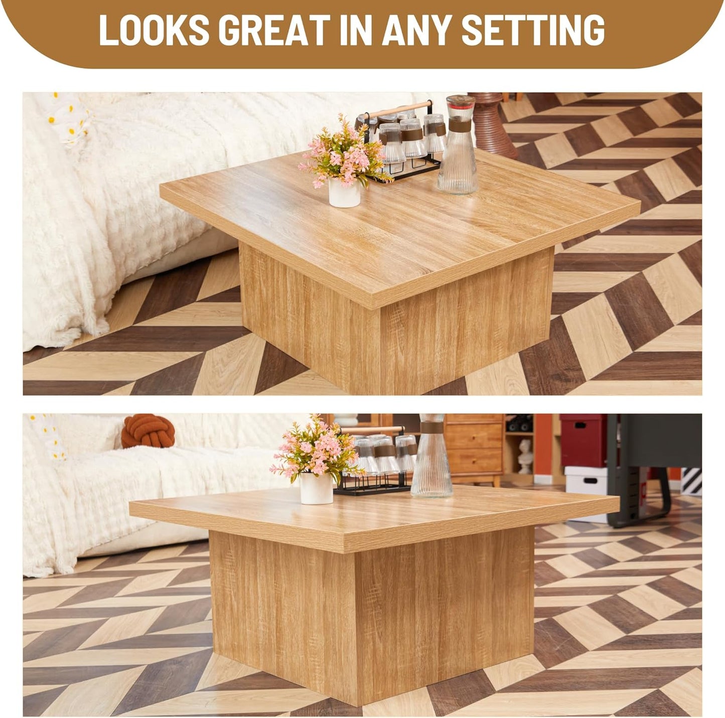 Square Cocktail Living Room Coffee Table Engineered Eco-Friendly Wood Look Laminate Veneer Rustic Farmhouse