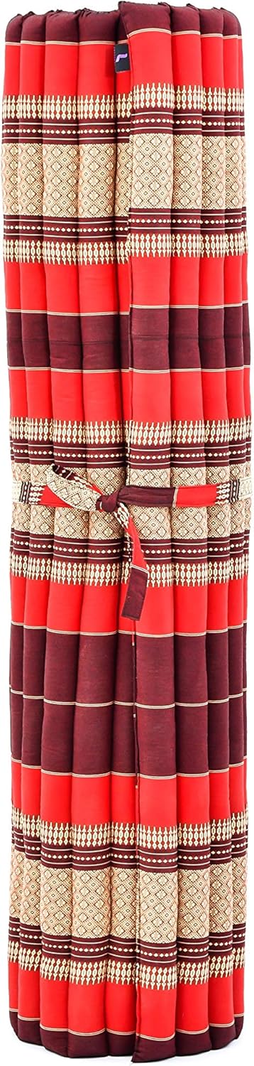 Leewadee - Foldable Floor Mattress - Japanese Roll Up Futon -Trifold Tatami Mat- Guest Floor Bed - Camping Mattress - Thai Massage Mat, Kapok Filled, 75 x 57 inches, Red