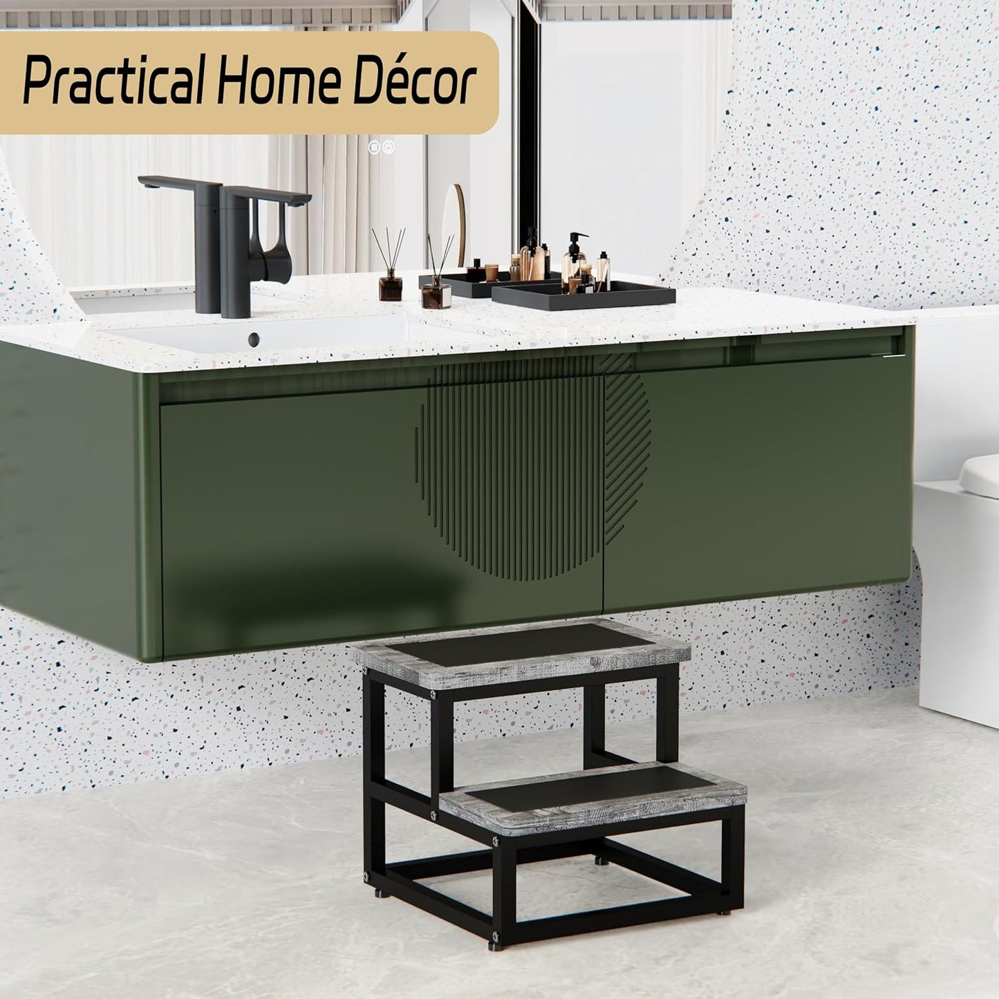 Step Stools for Kids Adults, Heavy Duty Stepping Stools Bed Steps for High Beds, Non-Slip Metal and Wooden 2 Steps Foot Stool for Bedside Kitchen, Round Corner, 500 Lbs Capacity, Gray Pattern