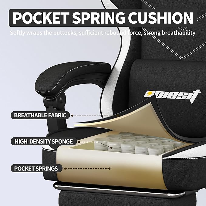 Gaming Chair,Fabric Computer Chair with Pocket Spring Cushion,400 lb Load Capacity,Ergonomic Office Chair with Footrest,Height Adjustable Video Gamer Chair with Lumbar Support (Black)