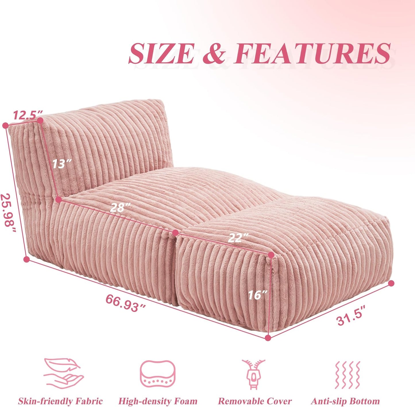 Hobestluk Big Bean Bag Lounger Chairs Large Beanbag Chair for Adults Bean Bag Sofa with Memory Foam Filled for Living Room, Bedroom or Balcony (Stripe Pink)