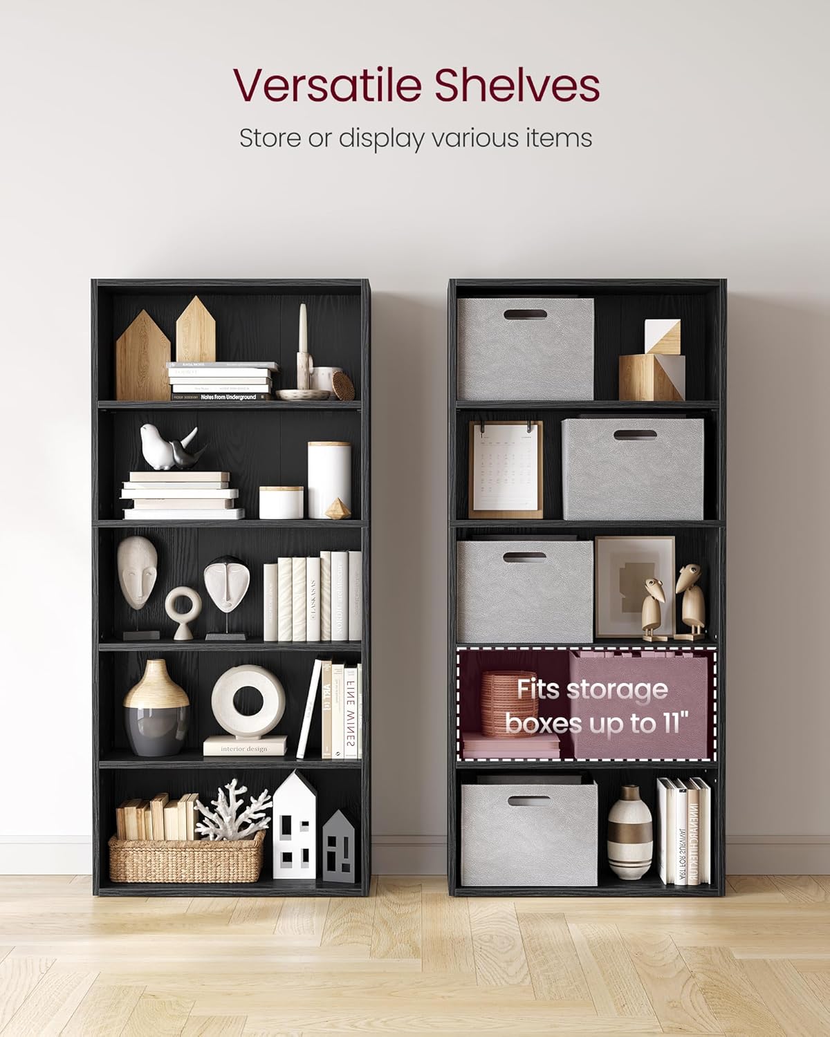 VASAGLE CUSTOS Collection - Bookshelf, 5-Tier Bookcase, Book Shelf, Open Storage Shelf, 9.4 x 23.6 x 52.8 Inches, for Living Room, Home Office, Dinning Room, Ebony Black ULBC165T56