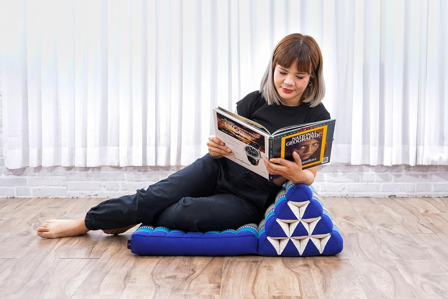 Leewadee 1-Fold Mat with Triangle Cushion – Comfortable TV Pillow, Foldable Mattress with Cushion Made of Eco-Friendly Kapok, 30 x 20 inches, Blue