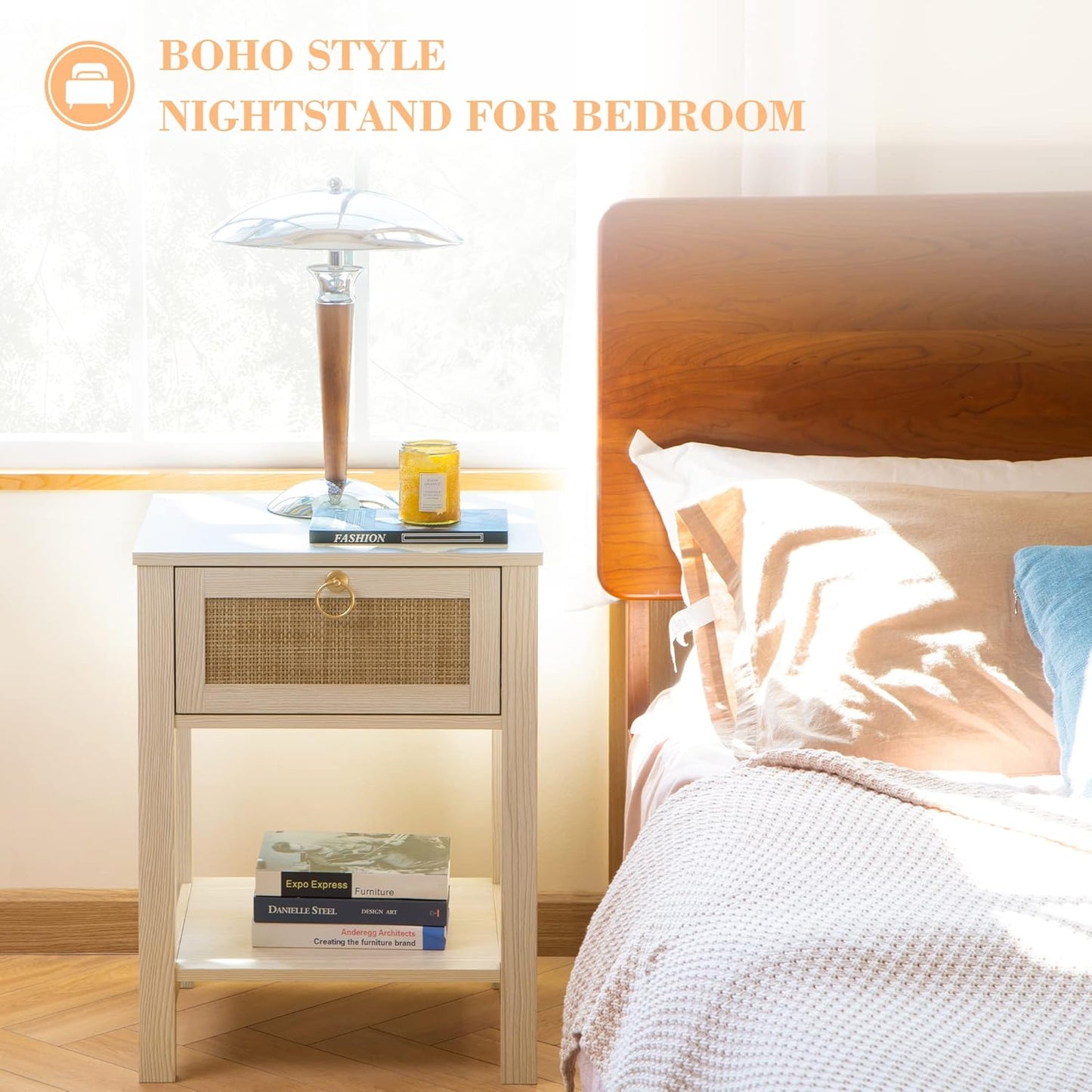 SICOTAS White Nightstand Set of 2,Rattan Decor Drawer with Brass Knobs Night Stand Wood Bedside Table Boho End Tables Side Tables with Storage Shelf