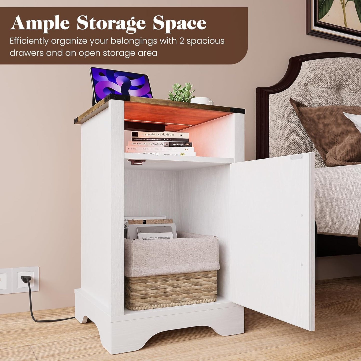 RoyalCraft Farmhouse Nightstand, White Night Stand with LED Lights and Charging Station, Bedside Table Set of 1 with Storage and Door, Wood End Table for Bedroom, Home Office, Antique White