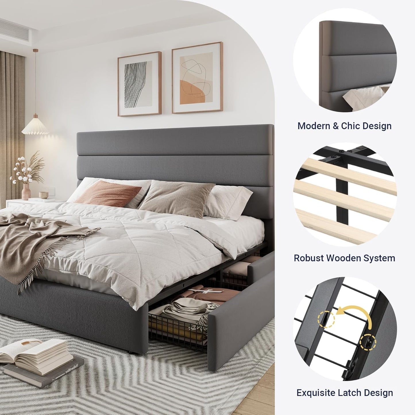 Allewie Modern King Size Platform Bed Frame with 4 Storage Drawers and Velvet Upholstered Headboard, Wooden Slats Support, Upholstered Mattress Foundation/No Box Spring Needed/Easy Assembly, Grey