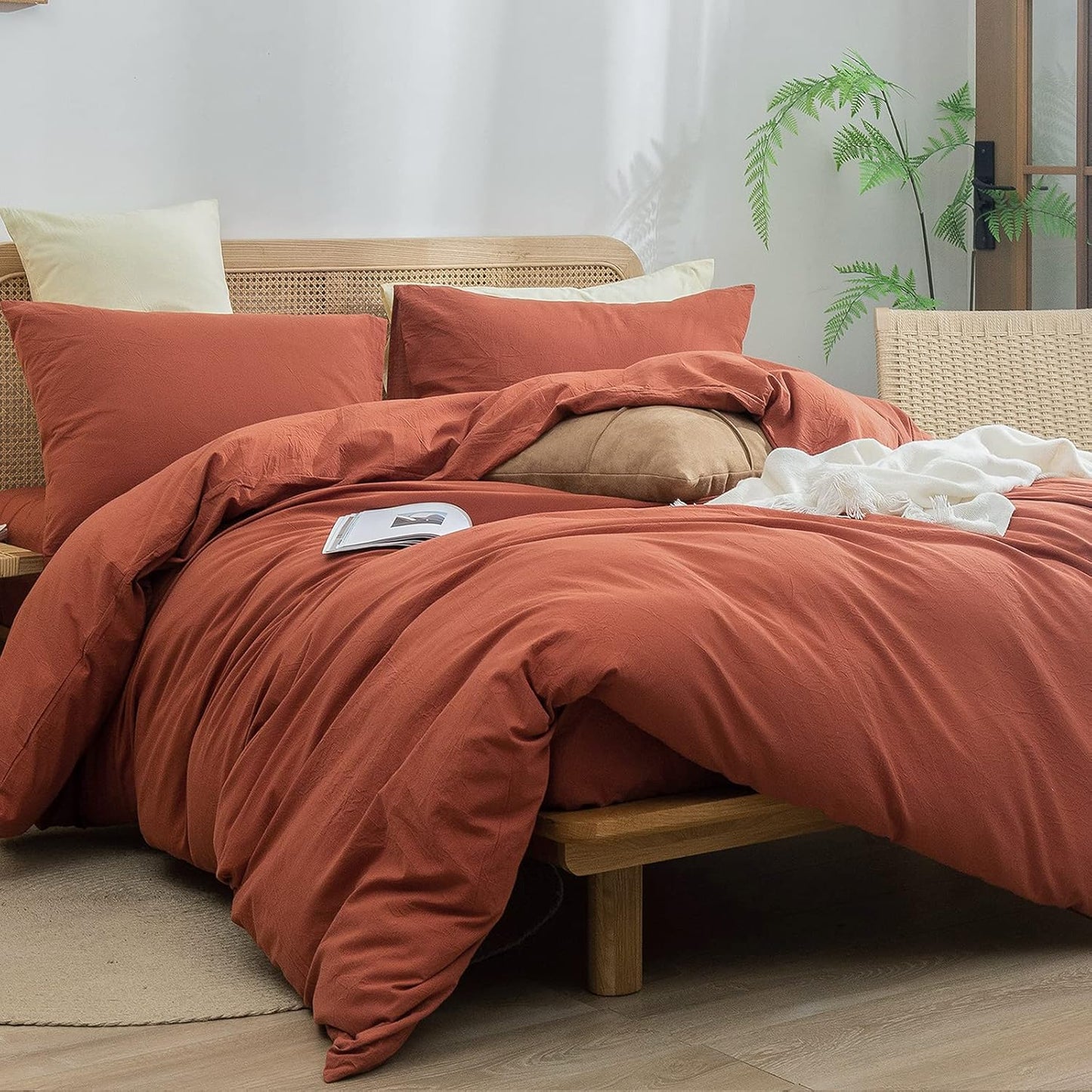 BESTOUCH Duvet Cover Set 100% Washed Cotton Linen Feel Super Soft Comfortable Chic Lightweight 3 PCs Home Bedding Set Crimson Red King