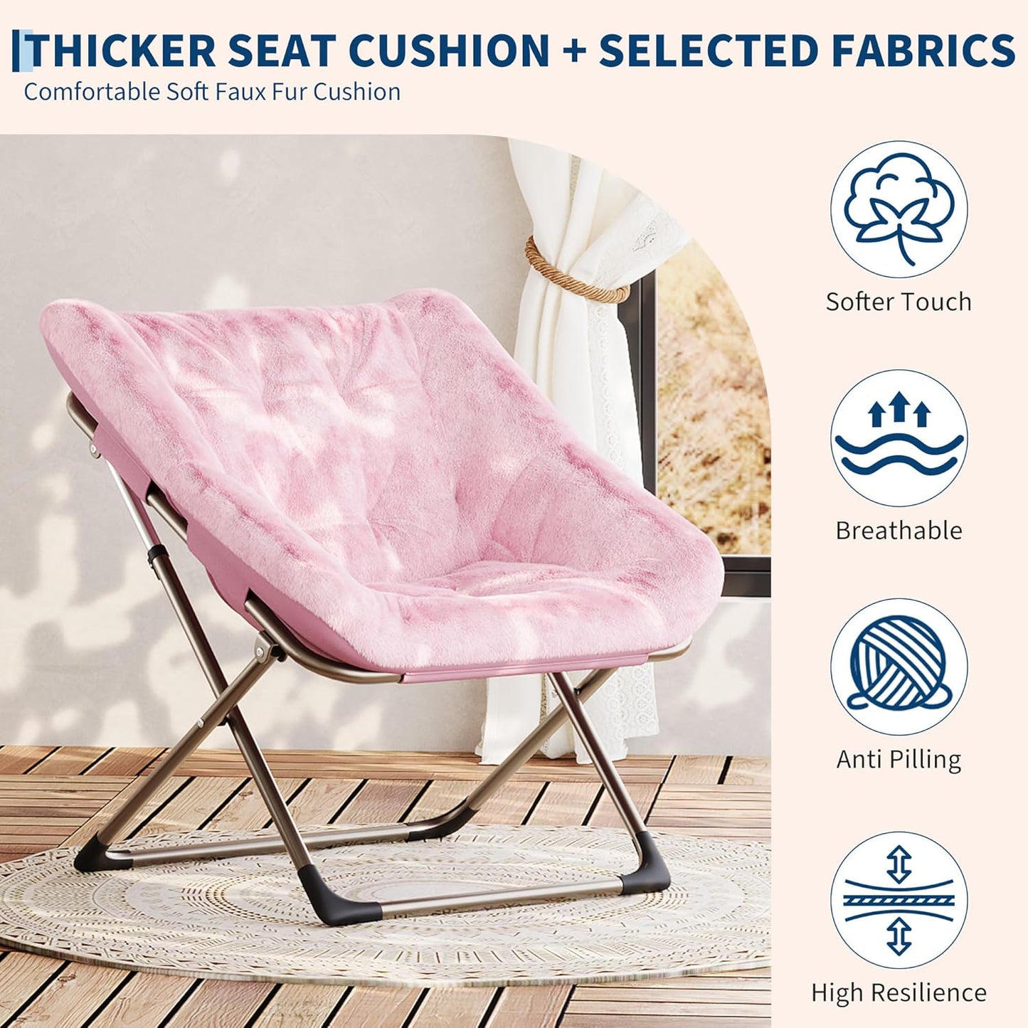 Comfy Chair for Adults, Foldable Living Room Chairs, Soft Faux Fur Folding Lounge for Bedroom Living Room Dorm Rooms, Flexible Reading Chair for Teens (2, Pink, Extra Large)