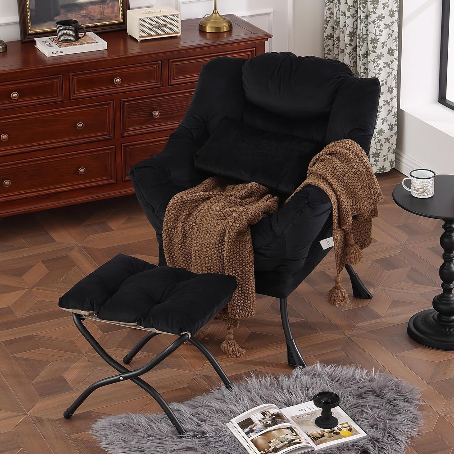 Lazy Chair with Ottoman, Modern Accent Chair with Lumbar Pillow, Comfy Chairs with Folding Footrest for Bedroom, Reading, Oversized Supportive Lounge Chairs(Velvet Black)