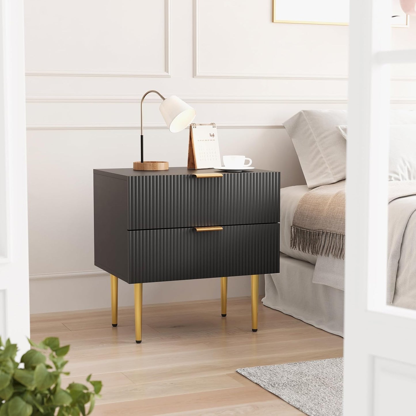 Set of 2 Nightstand, Black Mid Century Modern Night Stand with Fluted Panel, Bedside Table with 2 Drawer, Large NightStand with Gold Leg for Bedroom