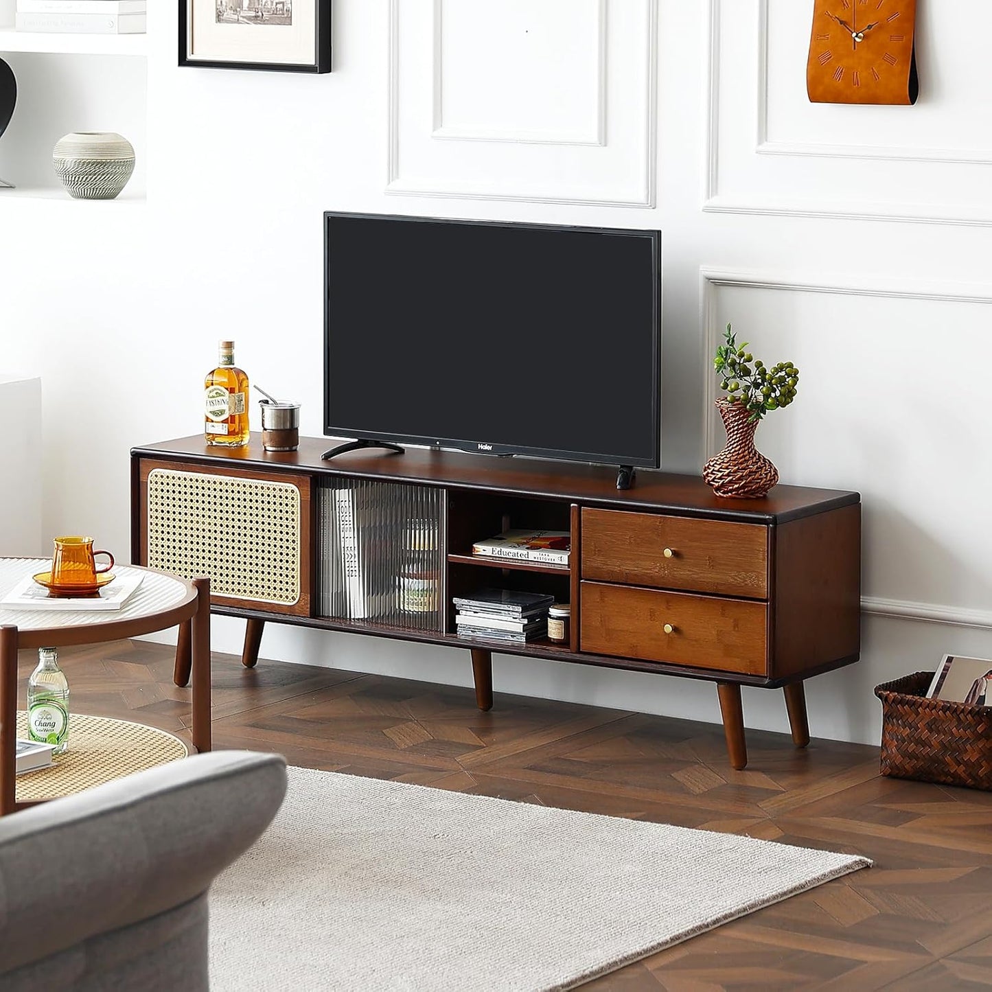 Tiita TV Stand with Storage for TVs up to 65'', Bamboo Rattan TV Console Entertainment Center with 2 Open Shelf, Mid Century Modern Media Console for Living Room, Bedroom, Walnut
