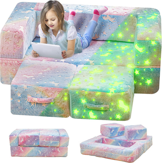 Lamerge Toddler Couch Glow in The Dark Toddler Fold Out Couch for playroom, Convertible Baby Fold Out Play Foam and Floor Cushion for Bedroom (Rainbow+Unicorn)
