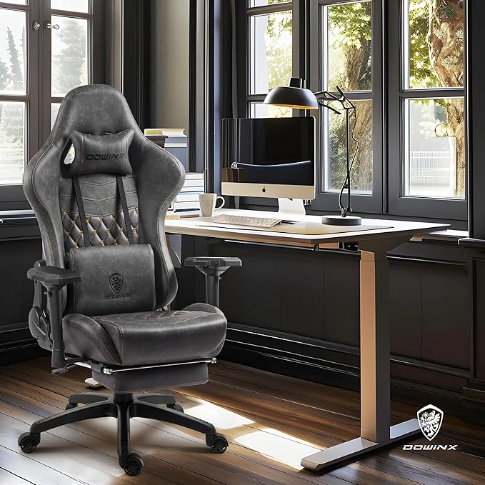 Dowinx Gaming Chair Big and Tall, Ergonomic Computer Chair with 4D Armrests and Footrest Massage Lumbar Support, High Back Comfortable Gamer Chair for Adults 350Lbs PU Leather for Office Game, Grey