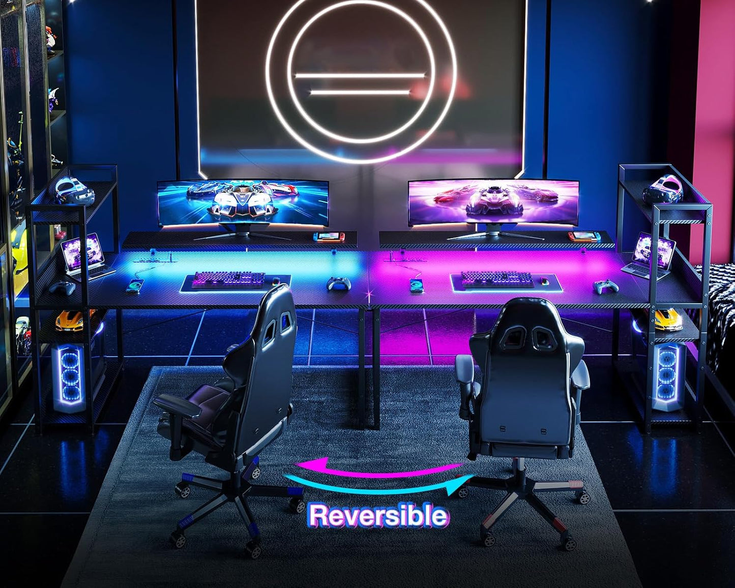 ODK Reversible 55 Inch Gaming Desk with USB Charging Port and LED Lights, Computer Desk with Storage Shelves and Monitor Stand, Study Table for Home Office, Morden Desk for Bedroom, Carbon Fiber Black