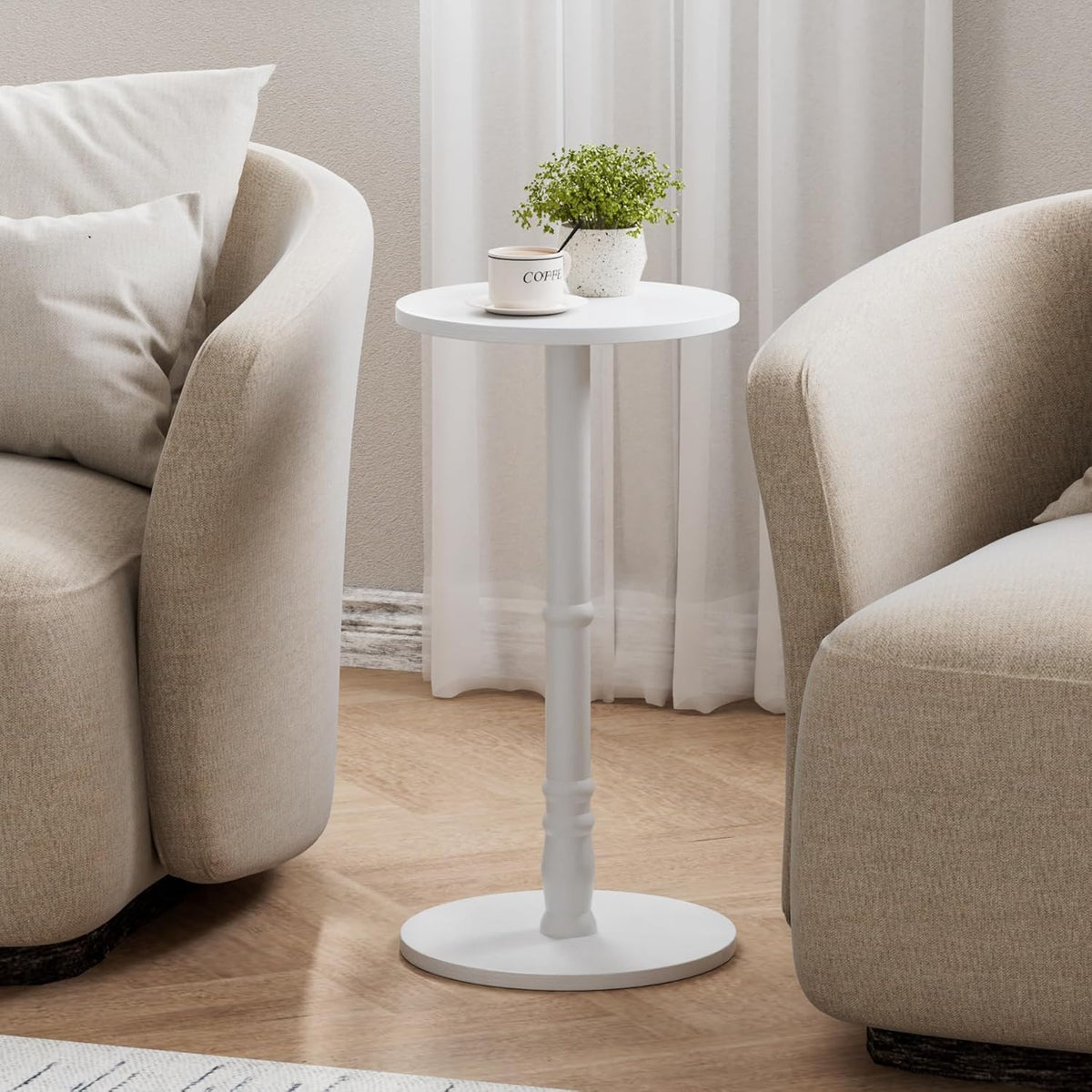 Round Side Table, Solid Wood Pillar with Wood Top & Base, Small Drink Accent Table for Living Room, Bedroom, Sofa & Office, Easy Assembly, White