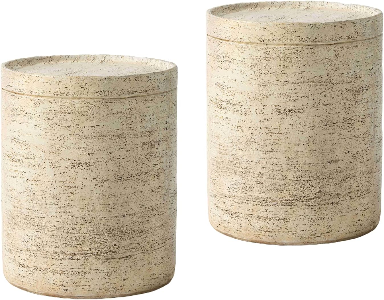 COSIEST 2 Pieces Outdoor Side Table, Set of 2 Cylinder Shaped MgO Patio End Table, Lightweight Accent Table with Tray Top, Round Plant Stand for Garden and Deck, Beige