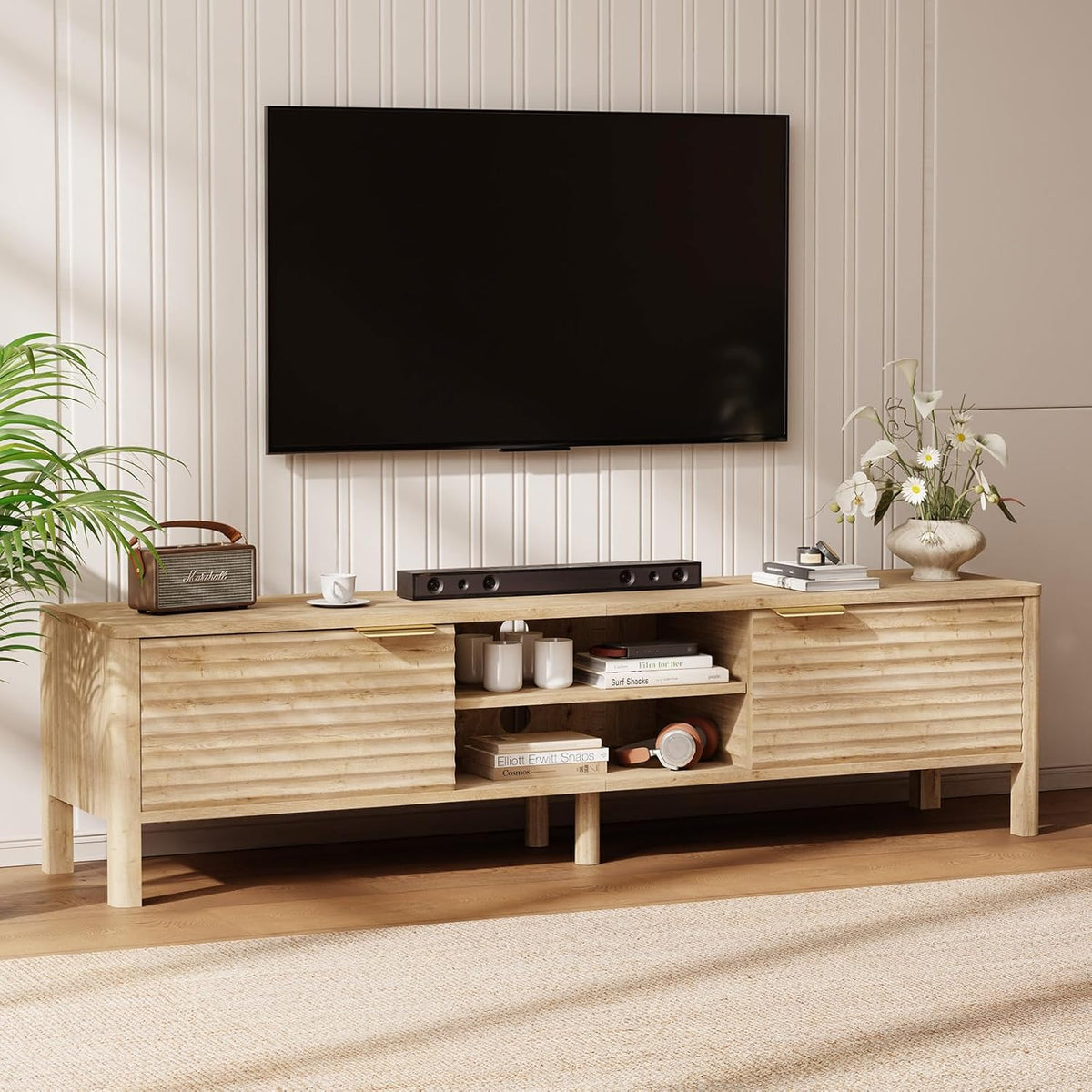 TV Stand for Living Room - up to 65 Inch TVs Mid Century Modern Entertainment Center with Storage and Adjustable Shelves, Media Console Table Oak 59"