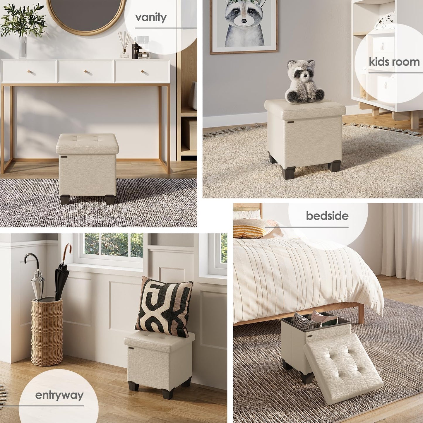 STORAGEBUD Storage Ottoman Cube with Small Bin, 16-in Square Ottoman with Storage for Living Room and Bedroom, Small Ottomans Foot Rest, Faux Leather Foot Stools Ottomans Max 330lbs, Beige