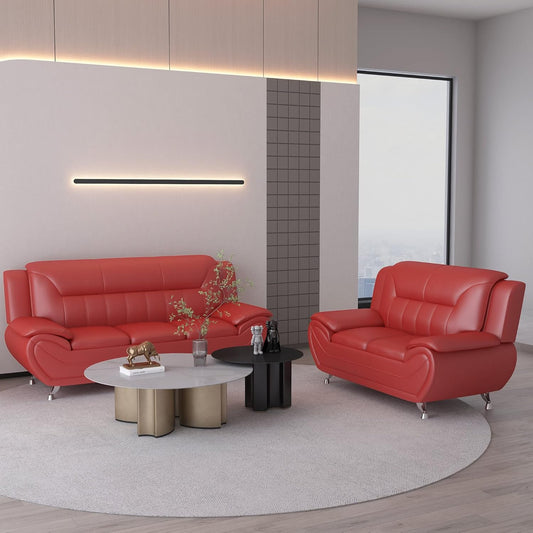 Container Furniture Direct Michael Modern Faux Leather Upholstered Stainless Steel Legs Living Room Sofa, Loveseat, Red