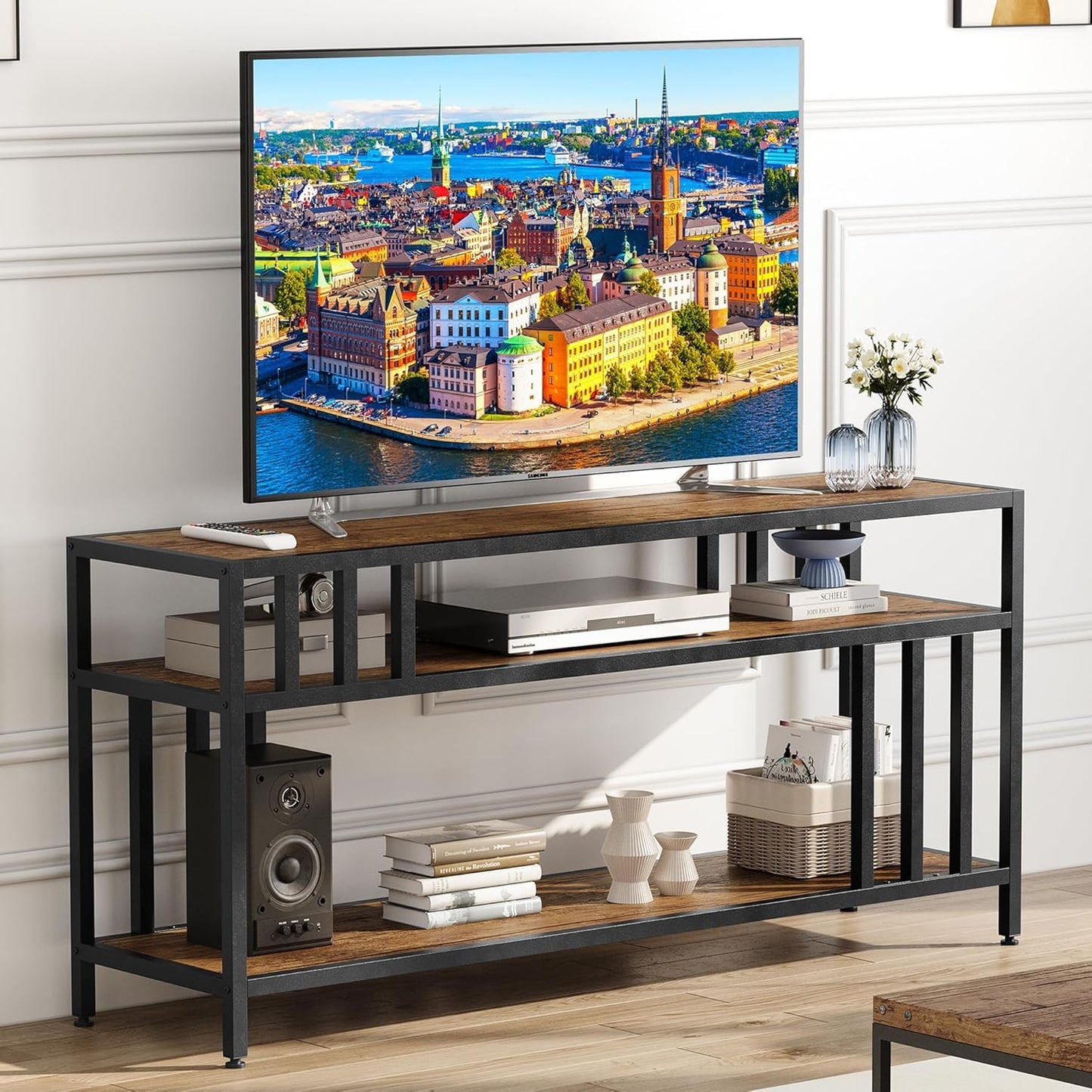 Garvee 58" TV Stand for Television up to 65 Inch, Entertainment Center with 3-Tier Open Shelves, TV Media Console Table Quadruple-Tube Support for Living Room, Entryway, Rustic Brown