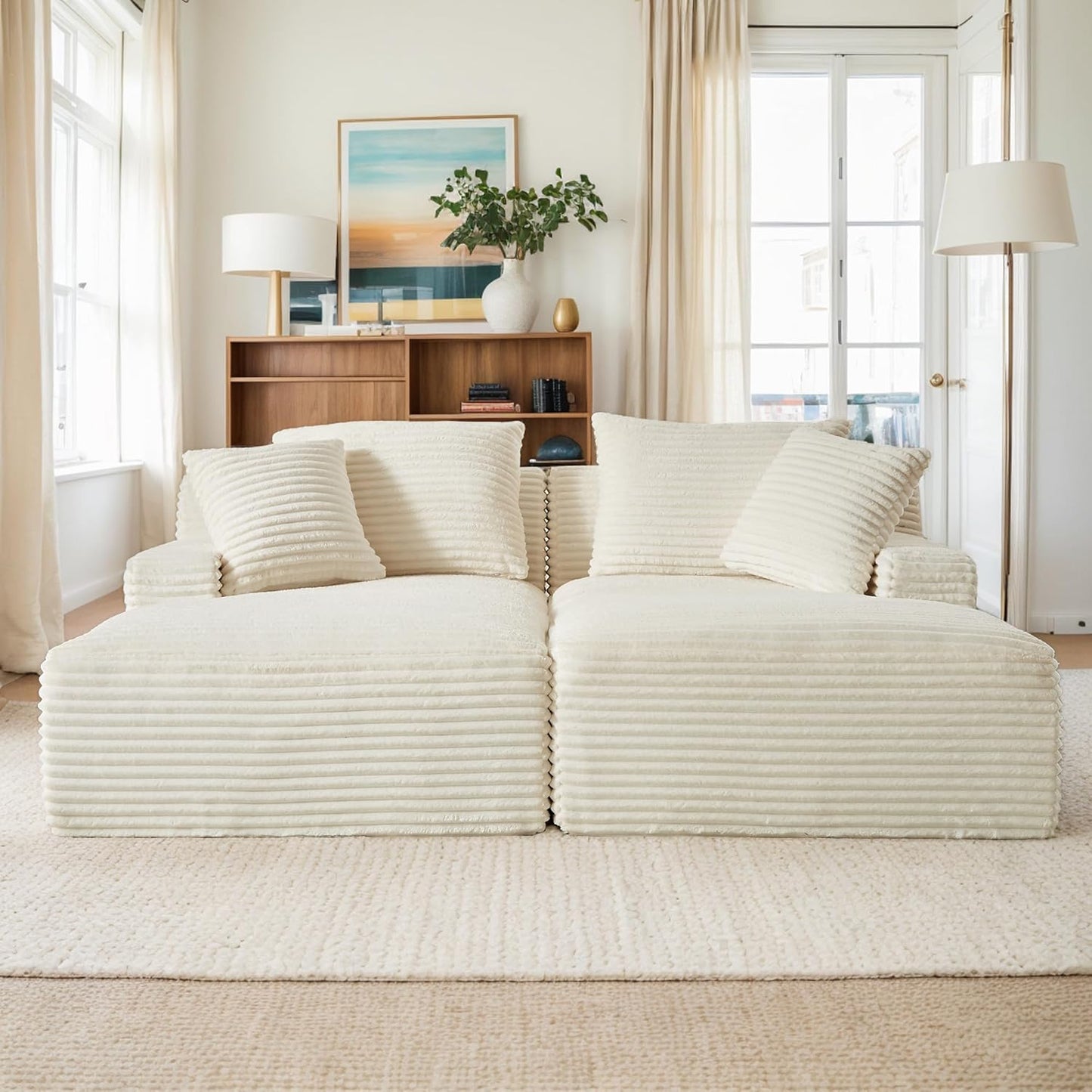 ERYE 79" Oversized Double Chaise Lounge Indoor Sleeper Recliner Sofabed with 4 Pillows, Fluffy Corduroy Loveseat Sleeper Chaise Daybed 2 Pieces Boneless Chair Sofa Bed for Living Room Bedroom Reading