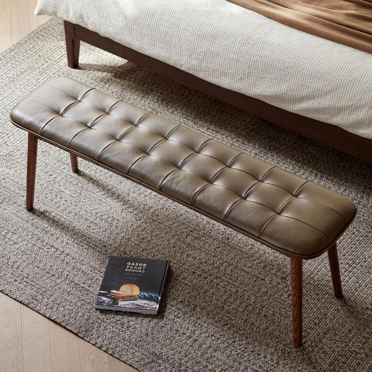 Upholstered Bench, 51.18 in Natural Oak Wood for Dining Table Bench for Living Room with Leather Cushion, End of Bed Footrest Stool Brown
