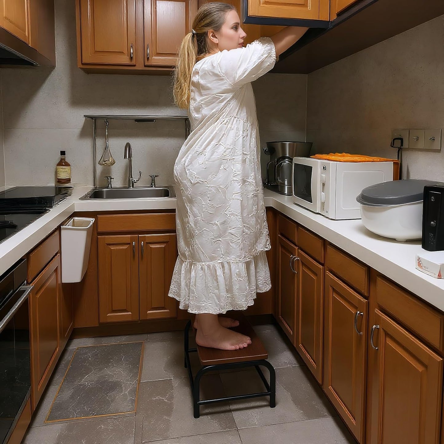 Dual Anti-Slip Solid Wood & Metal - Wooden Small Step Stool for Children/Adults/Elderly, 500 lbs Load Capacity, Safety Step, Ideal for Home/Kitchen/Bedside (Black, One-Step Stool)