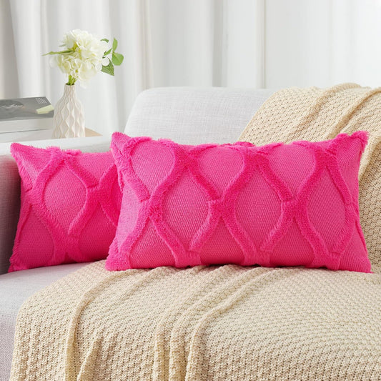 decorUhome Throw Pillow Covers 12x20 Inch Set of 2, Soft Plush Faux Fur Wool Lumbar Hot Pink Couch Pillow Covers, Decorative Neutral Pillow Cases for Bed Sofa Living Room Home Decor