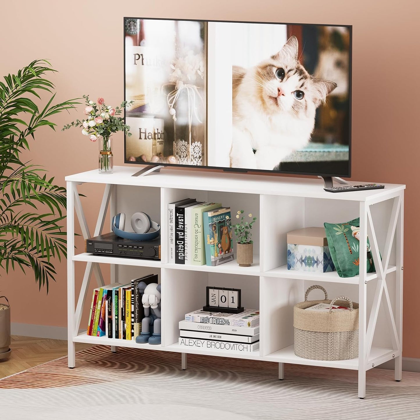 Horizontal Bookshelf Bookcase,6 Cube Storage Organizer with Open Shelf,47 Inch Industrial Low Wide Wood and Metal Cubby Shelf,Long Shelving Unit for Home Office Living Room(White,6 Cube)