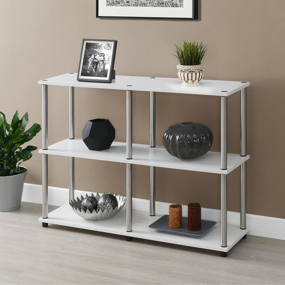 Convenience Concepts Designs2Go No Tools 3 Tier Wide Console Table 42" - Modern Multipurpose Accent with Shelves for TV Media Center, Office Desk Extension, Entryway Display, & Home Storage, White