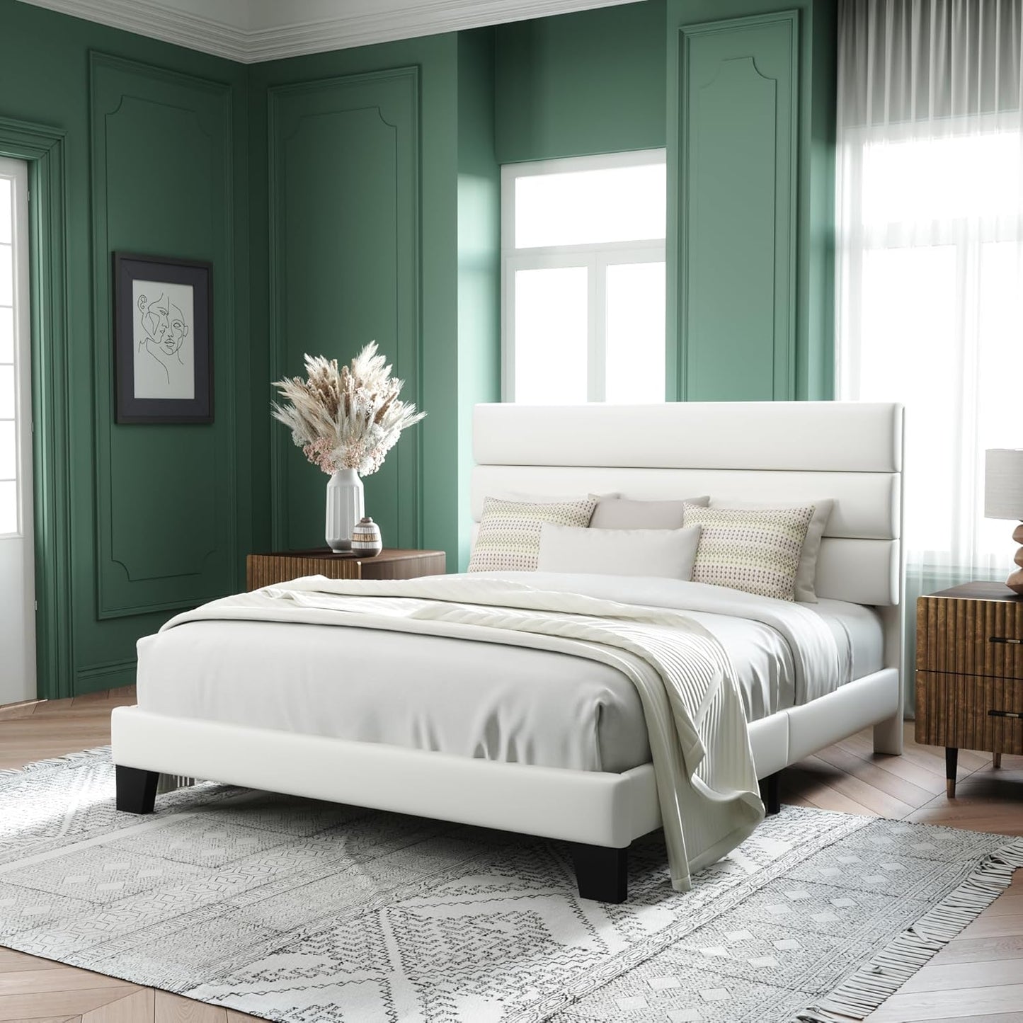Allewie Full Size Platform Bed Frame with Velvet Upholstered Headboard and Wooden Slats Support, Fully Upholstered Mattress Foundation/No Box Spring Needed/Easy Assembly, White