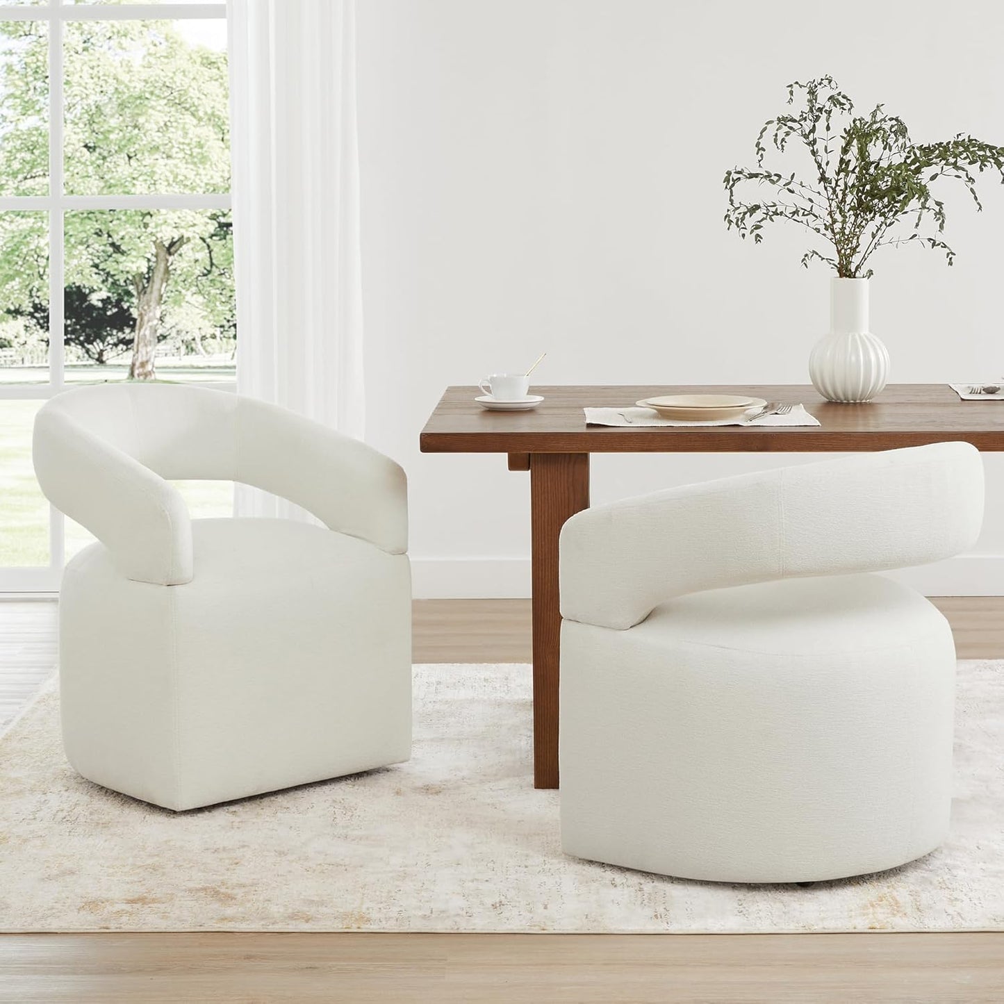 Upholstered Dining Chairs with Removable Casters Barrel Side Armchair with Rollers for Diningroom Bedroom Livingroom Reading Room, Ivory, 2PCS