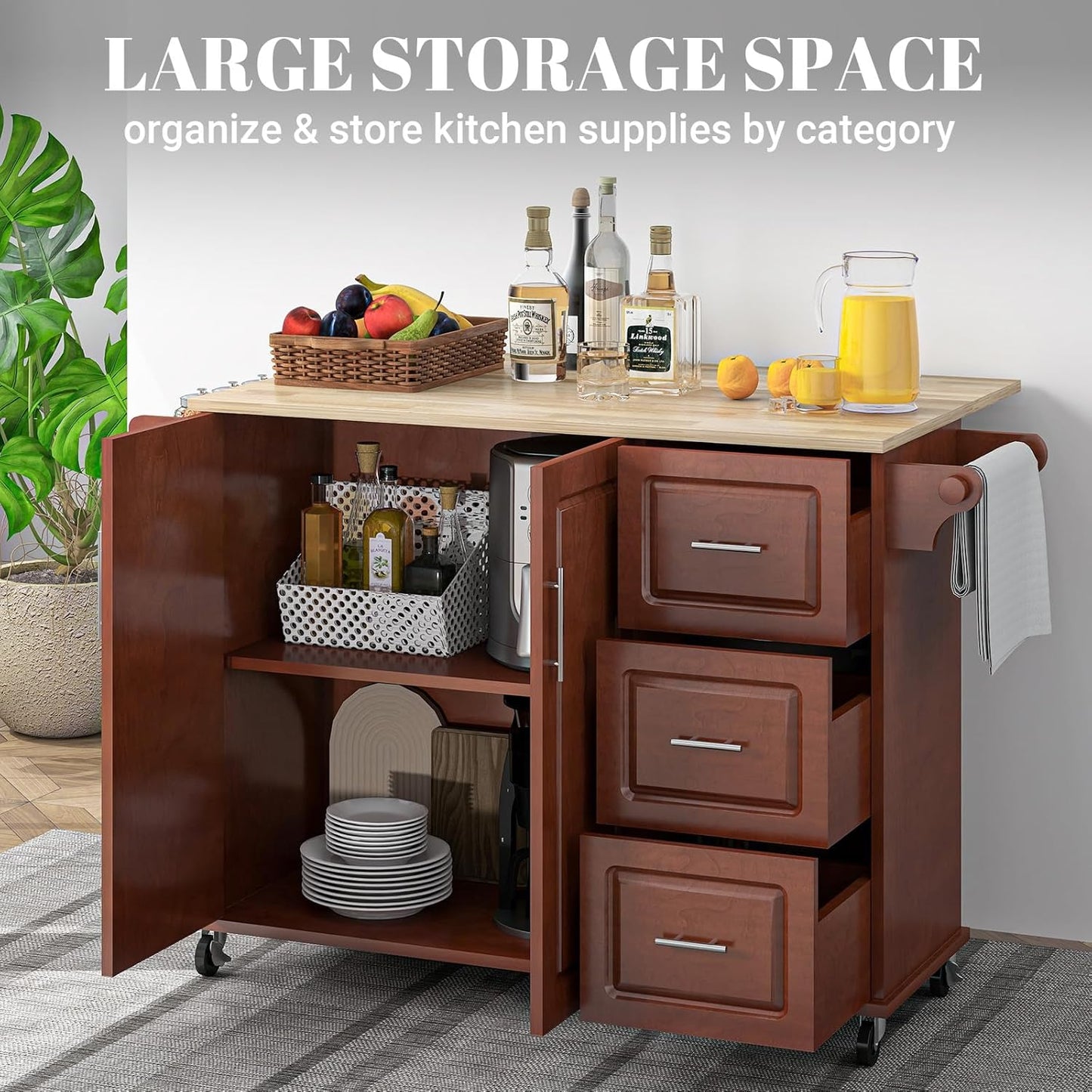 Rovibek 53" Kitchen Island on Wheels with Drawers - Large Rolling Island Cart with Storage, Cabinet, Spice Rack, and Towel Holder