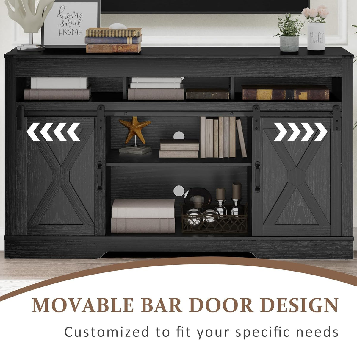RoyalCraft Farmhouse TV Stand with Sliding Barn Door for TVs up to 65+ Inch, 34" Tall Entertainment Center, Wood Media Console Storage Cabinet for Bedroom, Living Room, Black
