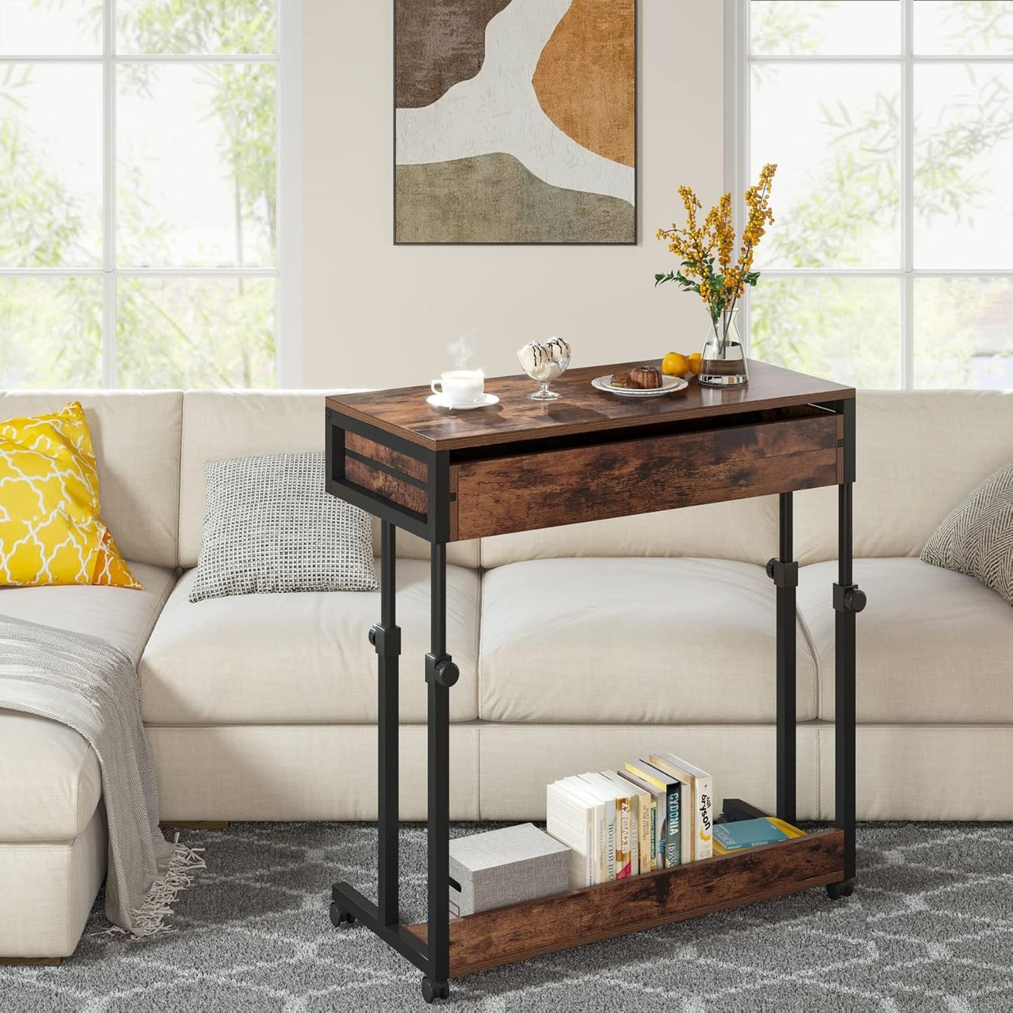 Tribesigns Portable Desk with Drawers, Mobile Laptop Desk with Wheels, Sofa Side Table Small Portable Standing Rolling Table for Home Office