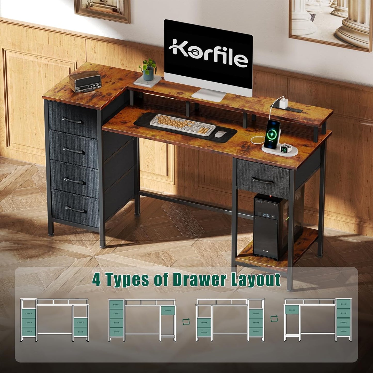 47 Inch Computer Gaming Desk with Power Outlets LED Lights Reversible Home Office with Adjustable Fabric Storage Drawers for Working Writing Study, Rustic Brown