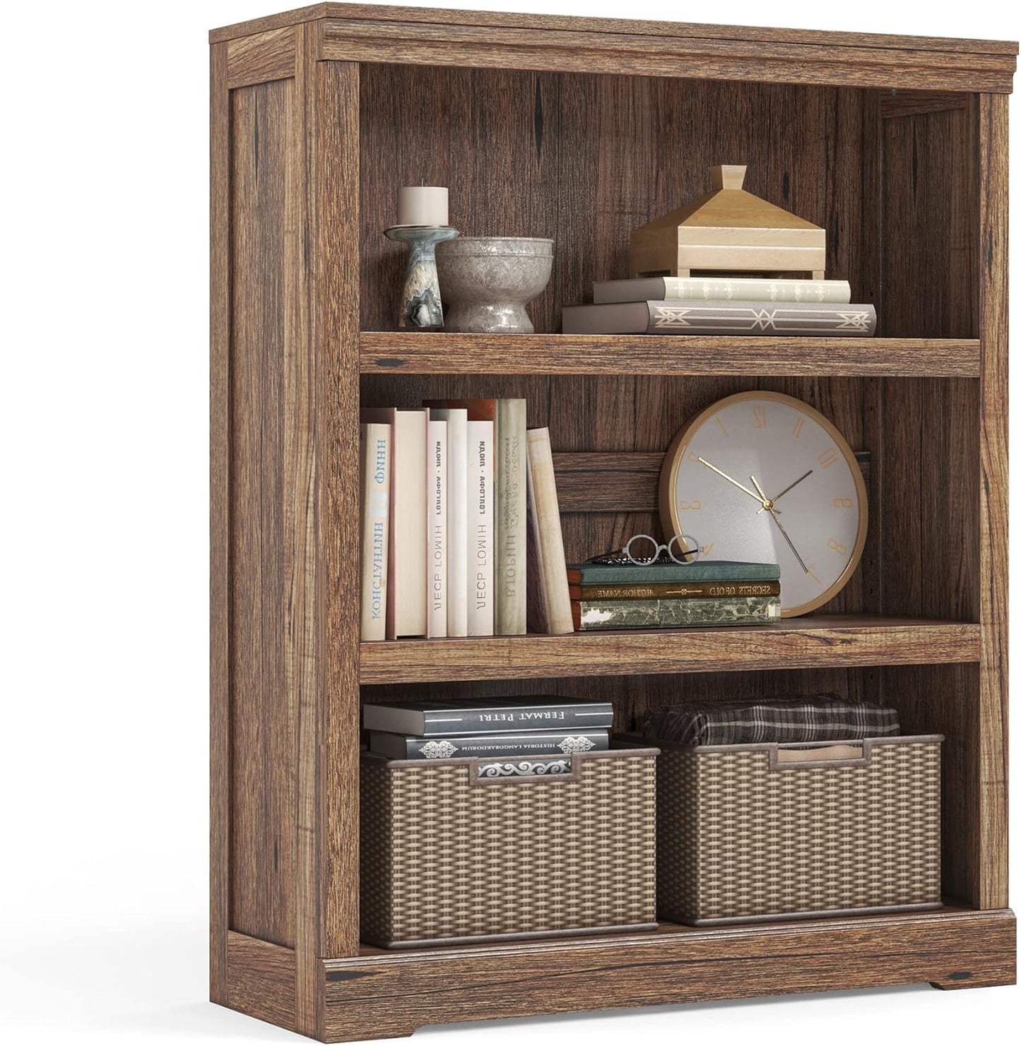 LINSY HOME 3-Tier Bookcase Display Storage Shelves Farmhouse Bookshelf for Home Office, Living Room, Bed Room - Dark Brown
