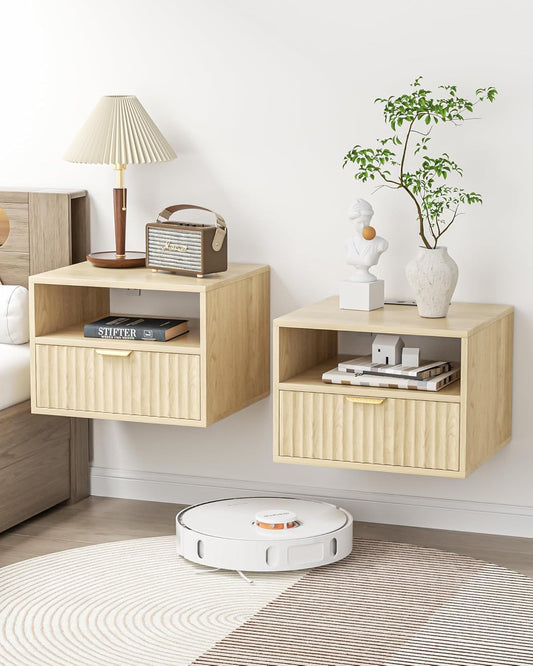 Floating Nightstand Set of 2 - Fluted Night Stand with Charging Station Wood Wall Mounted Nightstand with Drawer & Open Shelf, Modern Bedside Table Large End Table for Bedroom Closet