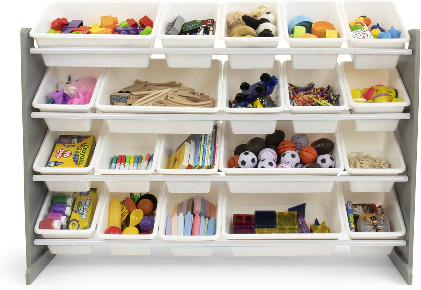 Humble Crew Extra-Large Toy Organizer with 20 Plastic Bins – Grey/White Storage Rack with 4-Tier Shelves, Anti-Tip Safety, for Kids’ Rooms, Playrooms, Nurseries & Classrooms