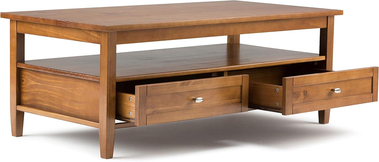 SIMPLIHOME Warm Shaker Coffee Table - 48 inch Wide Solid Wood Cocktail Table in Light Golden Brown, Transitional Living Room Table with 2 Storage Drawers and Open Shelf for Sitting Area or Lounge